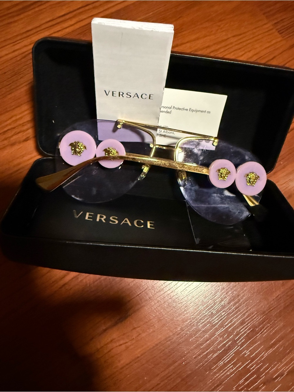 Versace Women Purple Rimless Sunglasses with Gold Frame Accents - Picture 2 of 3